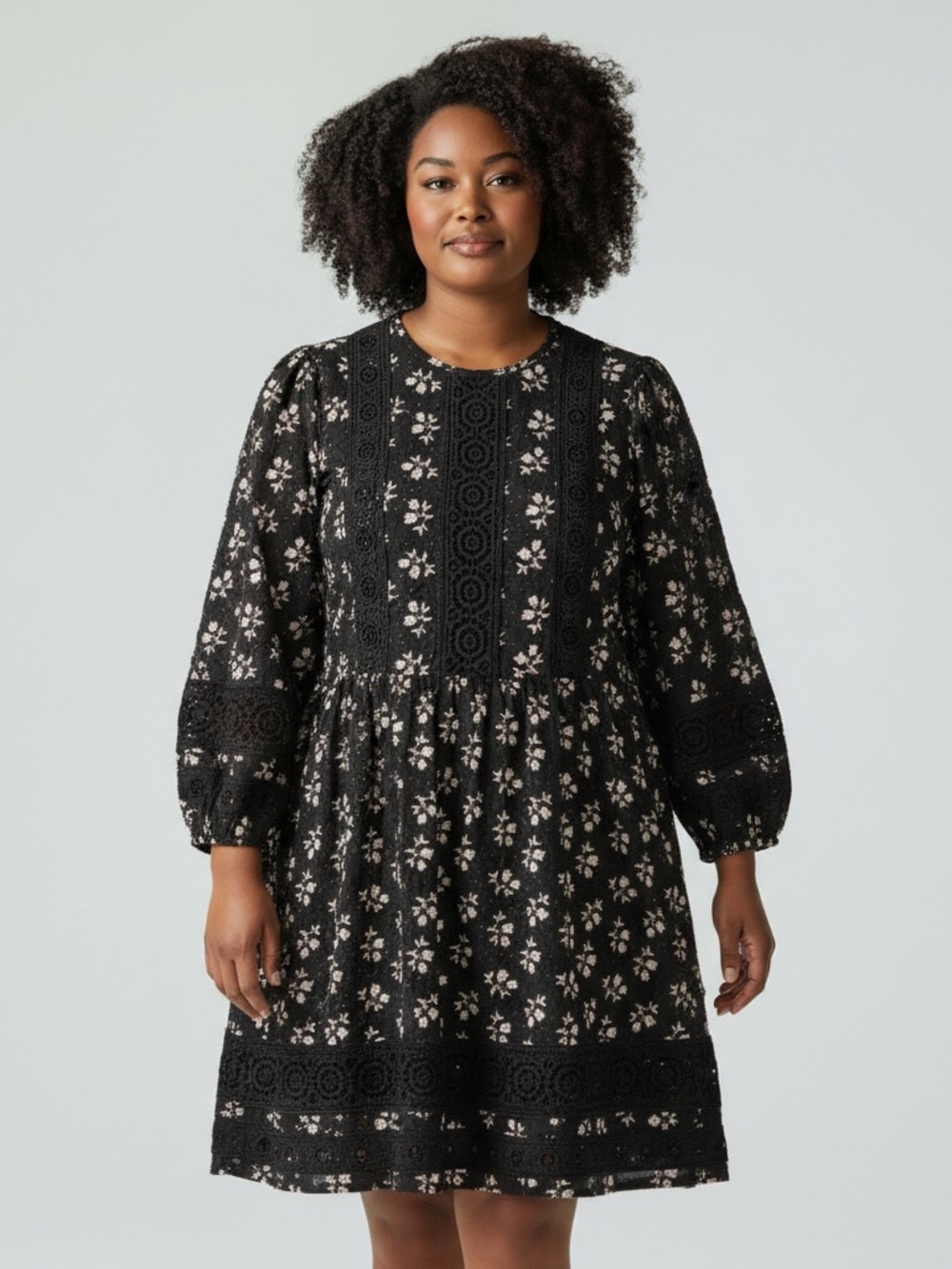 Boden Detail Insert Jersey Knit Dress Size 12 Black Eyelet Lace Trim Loose Fit